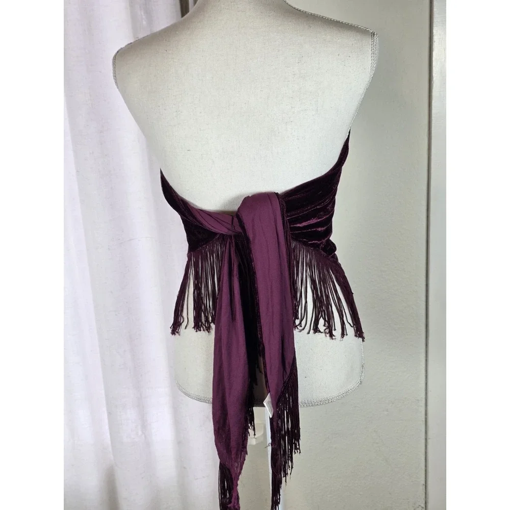 Y2K V-Shape Scarf Wrap Top Velvet Burgundy Tassel Floral